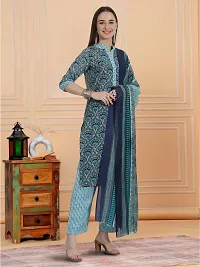 Stylish Teal Cotton Blend Printed Kurta, Bottom and Dupatta Set For Women-thumb2