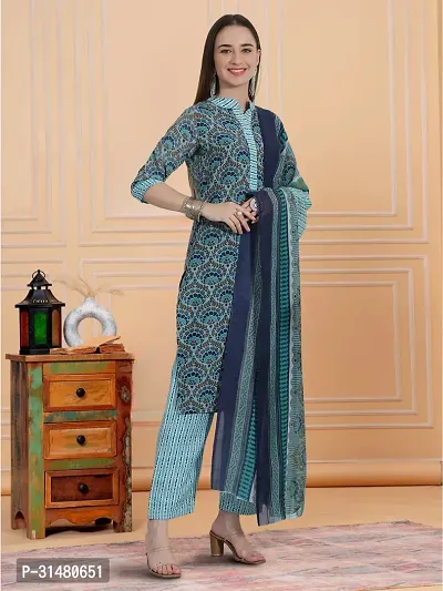 Stylish Teal Cotton Blend Printed Kurta, Bottom and Dupatta Set For Women-thumb3