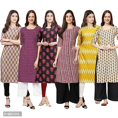 Women Crepe Digital Printed Straight Kurti  Pack of 6