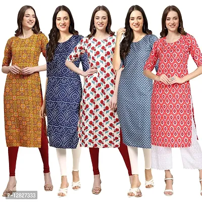 Attractive Straight Multicoloured Printed Crepe Kurta Combo For Women Pack Of 5