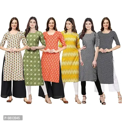 Women Crepe Digital Printed Straight Kurti  Pack of 6-thumb0