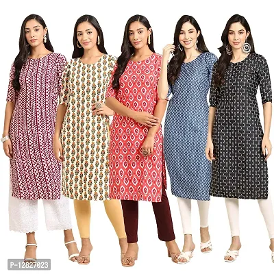 Women Crepe Digital Printed Straight Kurti { Pack of 5 }