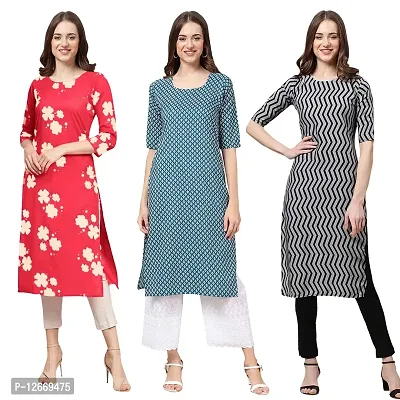 Women Crepe Digital Printed Straight Kurti  Pack of 3