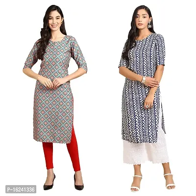 Stylish Straight Multicoloured Printed Crepe Kurta For Women Combo Pack Of 2