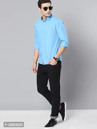 Men Stylish Blue Cotton Solid Long Sleeve Semi Formal Shirt