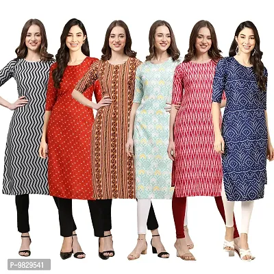 Women Crepe Digital Printed Straight Kurti  Pack of 6