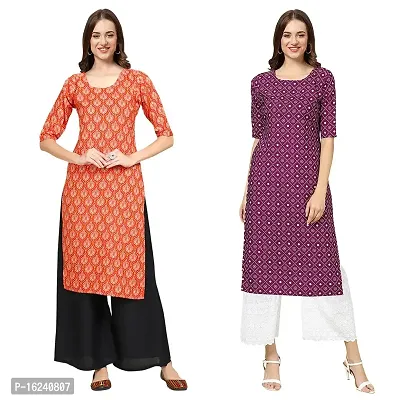 Stylish Straight Multicoloured Printed Crepe Kurta For Women Combo Pack Of 2