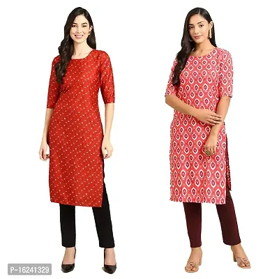 Stylish Straight Multicoloured Printed Crepe Kurta For Women Combo Pack Of 2-thumb0