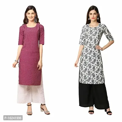 Fashionable Straight Multicoloured Printed Crepe Kurta For Women Combo Pack Of 2