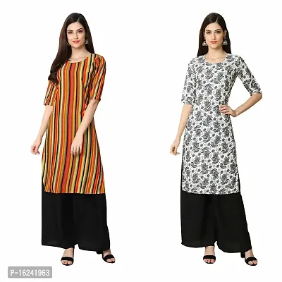 Fashionable Straight Multicoloured Printed Crepe Kurta For Women Combo Pack Of 2