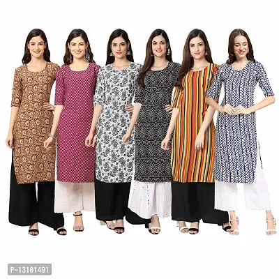 Women Crepe Digital Printed Straight Kurti  Pack of 6