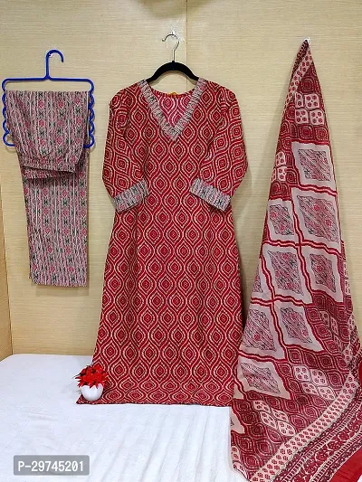 Stylish Maroon Cotton Printed Kurta Bottom and Dupatta Set For Women-thumb0