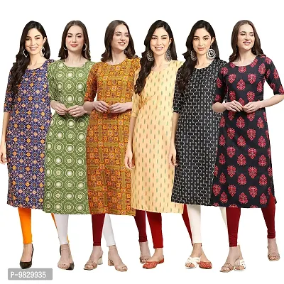 Women Crepe Digital Printed Straight Kurti  Pack of 6