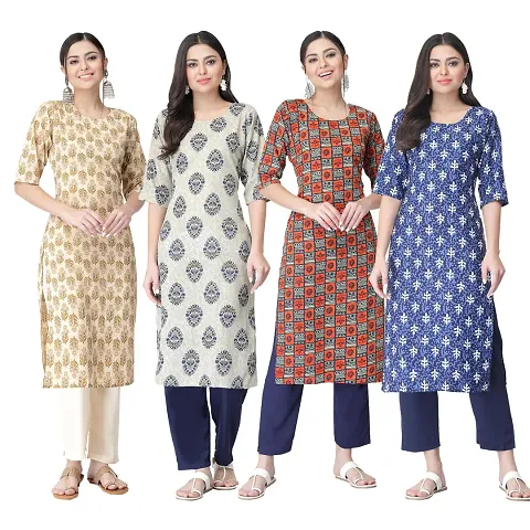 Stylish Crepe Printed Straight Kurtis - Pack Of 4