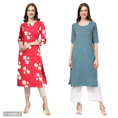 Stylish Straight Multicoloured Printed Crepe Kurta For Women Combo Pack Of 2