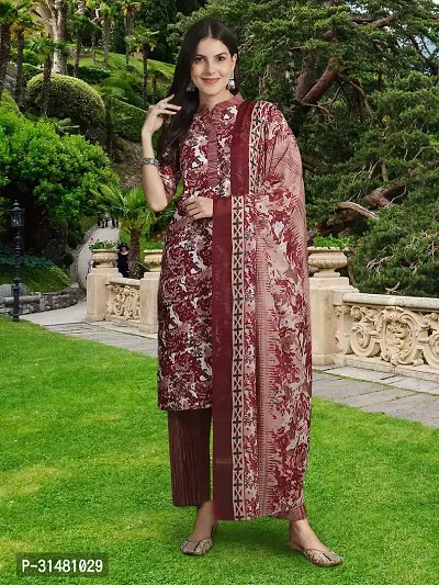 Stylish Maroon Cotton Blend Printed Kurta, Bottom and Dupatta Set For Women-thumb2