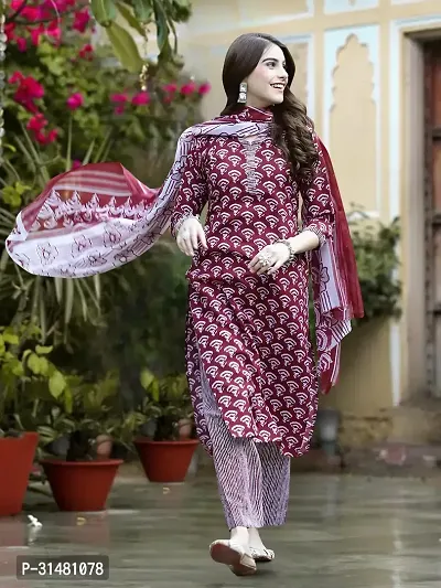 Stylish Cotton Blend Printed Kurta With Pant And Dupatta Set For Women-thumb0