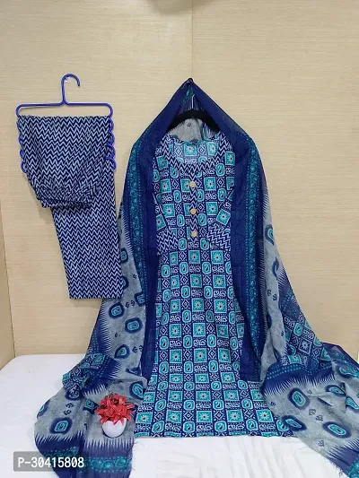 Beautiful Cotton Navy Blue Printed Kurta Pant And Dupatta Set For Women-thumb0