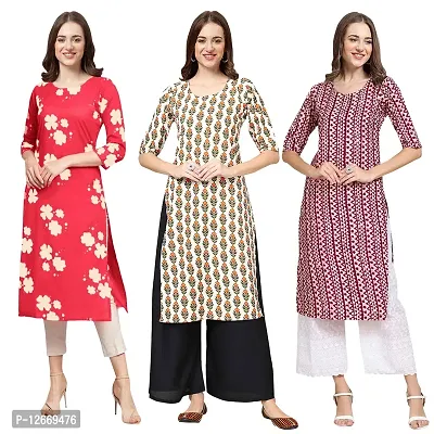 Women Crepe Digital Printed Straight Kurti  Pack of 3