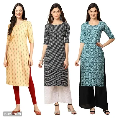 Women Crepe Digital Printed Straight Kurti  Pack of 3