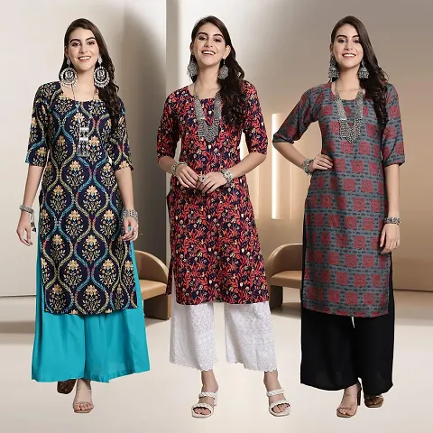Fancy Multicoloured A-Line Crepe Kurti - Pack Of 3