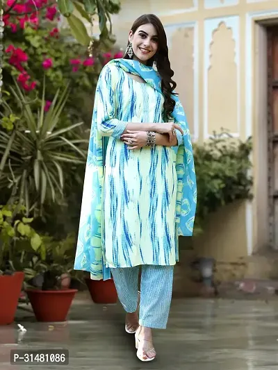 Stylish Cotton Blend Printed Kurta With Pant And Dupatta Set For Women-thumb0