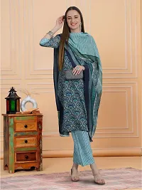 Stylish Teal Cotton Blend Printed Kurta, Bottom and Dupatta Set For Women-thumb3