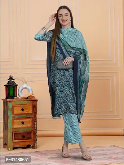 Stylish Teal Cotton Blend Printed Kurta, Bottom and Dupatta Set For Women-thumb4