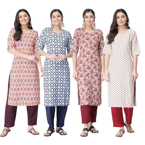 Stylish Crepe Printed Straight Kurtis - Pack Of 4