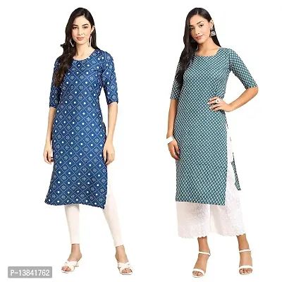 Stylish Straight Multicoloured Printed Crepe Kurta For Women Combo Pack Of 2-thumb0