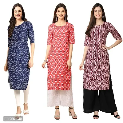 Women Crepe Digital Printed Straight Kurti  Pack of 3