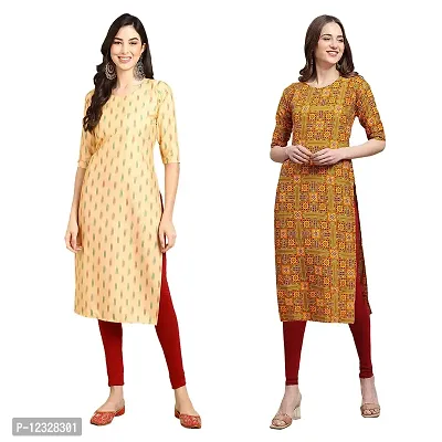 Straight Multicoloured Printed Crepe Kurta Pack Of 2