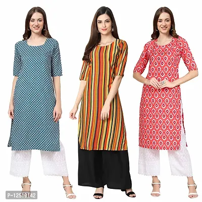 Women Crepe Digital Printed Straight Kurti  Pack of 3