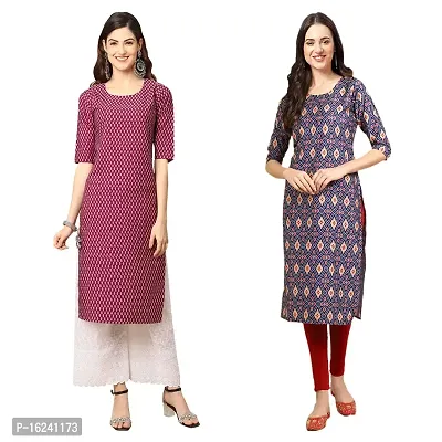 Stylish Straight Multicoloured Printed Crepe Kurta For Women Combo Pack Of 2-thumb0