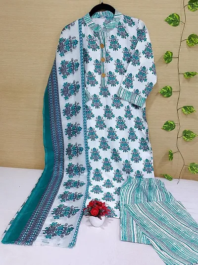 Stylish Cotton Woven Design Straight Kurtis With Bottom And Dupatta Set