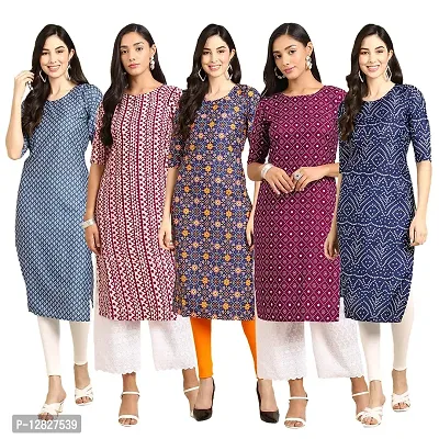 Attractive Straight Multicoloured Printed Crepe Kurta Combo For Women Pack Of 5