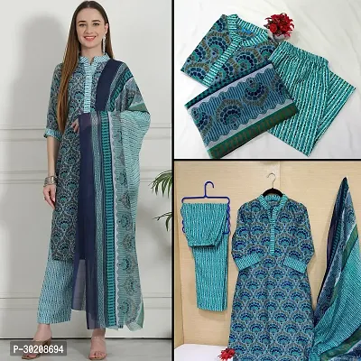 Elegant Cotton Printed Kurta with Pant And Dupatta Set For Women-thumb0