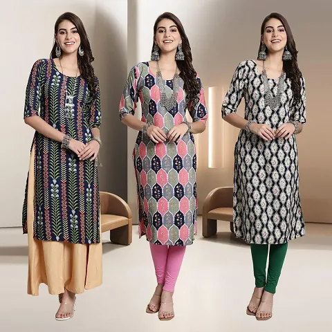 Fancy Multicoloured A-Line Crepe Kurtis - Pack Of 3