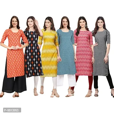 Women Crepe Digital Printed Straight Kurti  Pack of 6