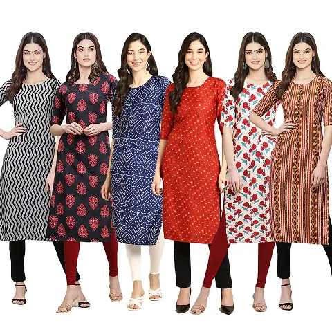 Women Crepe Digital Printed Straight Kurti  Pack of 6