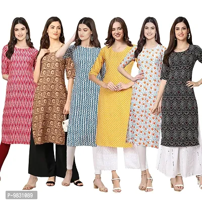 Women Crepe Digital Printed Straight Kurti  Pack of 6