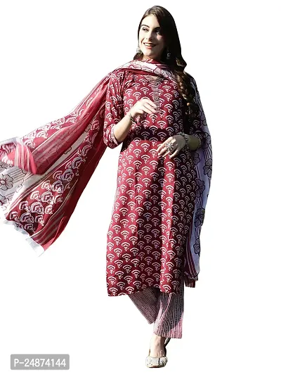 Stylish Cotton A-Line Maroon Printed Kurta, Bottom and Dupatta Set For Women-thumb3