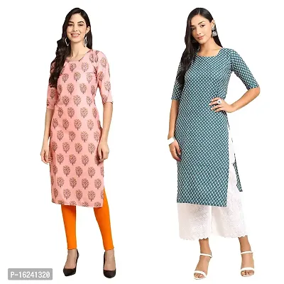 Stylish Straight Multicoloured Printed Crepe Kurta For Women Combo Pack Of 2