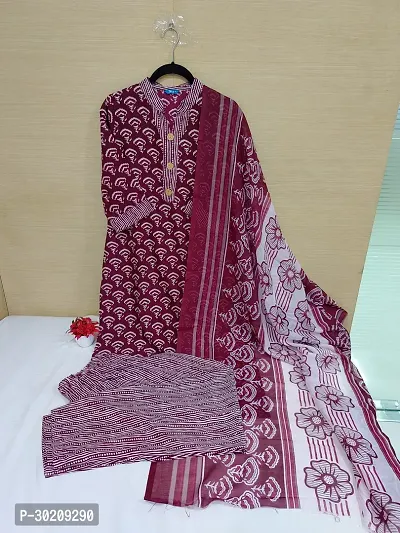 Elegant Cotton Printed Kurta with Pant And Dupatta Set For Women