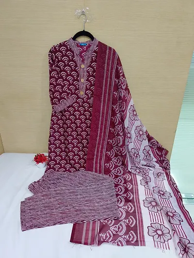 Stylish Cotton Printed Kurta Bottom Dupatta Set