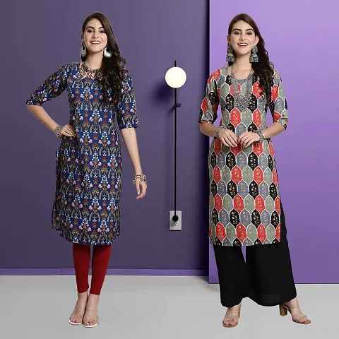 Stylish Crepe A-Line Printed Kurti - Pack of 2