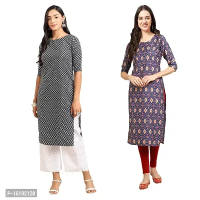 Stylish Straight Multicoloured Printed Crepe Kurta For Women Combo Pack Of 2-thumb0