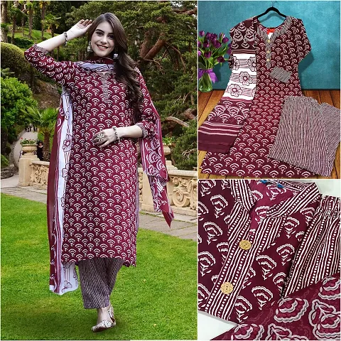 Stylish Cotton Blend Printed Straight Kurtis Bottom and Dupatta Set