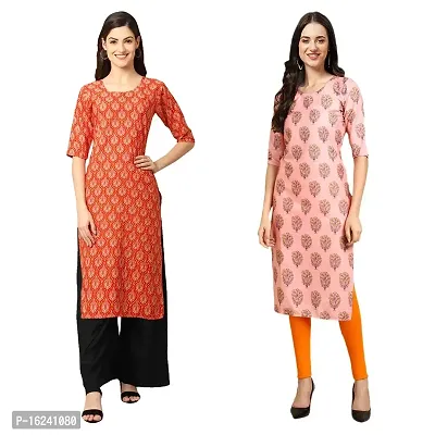 Stylish Straight Multicoloured Printed Crepe Kurta For Women Combo Pack Of 2