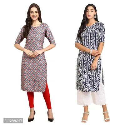 Straight Multicoloured Printed Crepe Kurta Pack Of 2